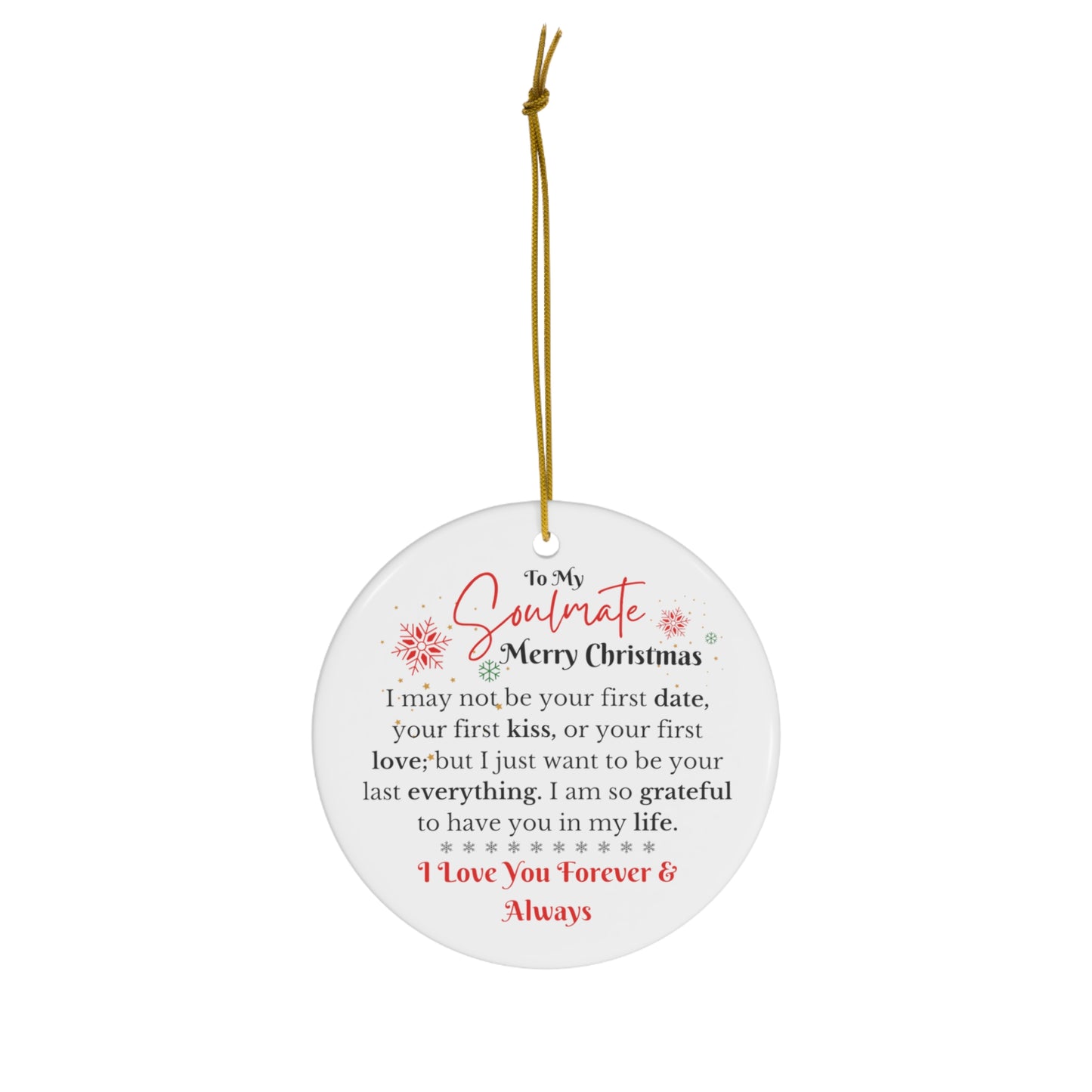 To My Soulmate Merry Christmas Ceramic Ornament